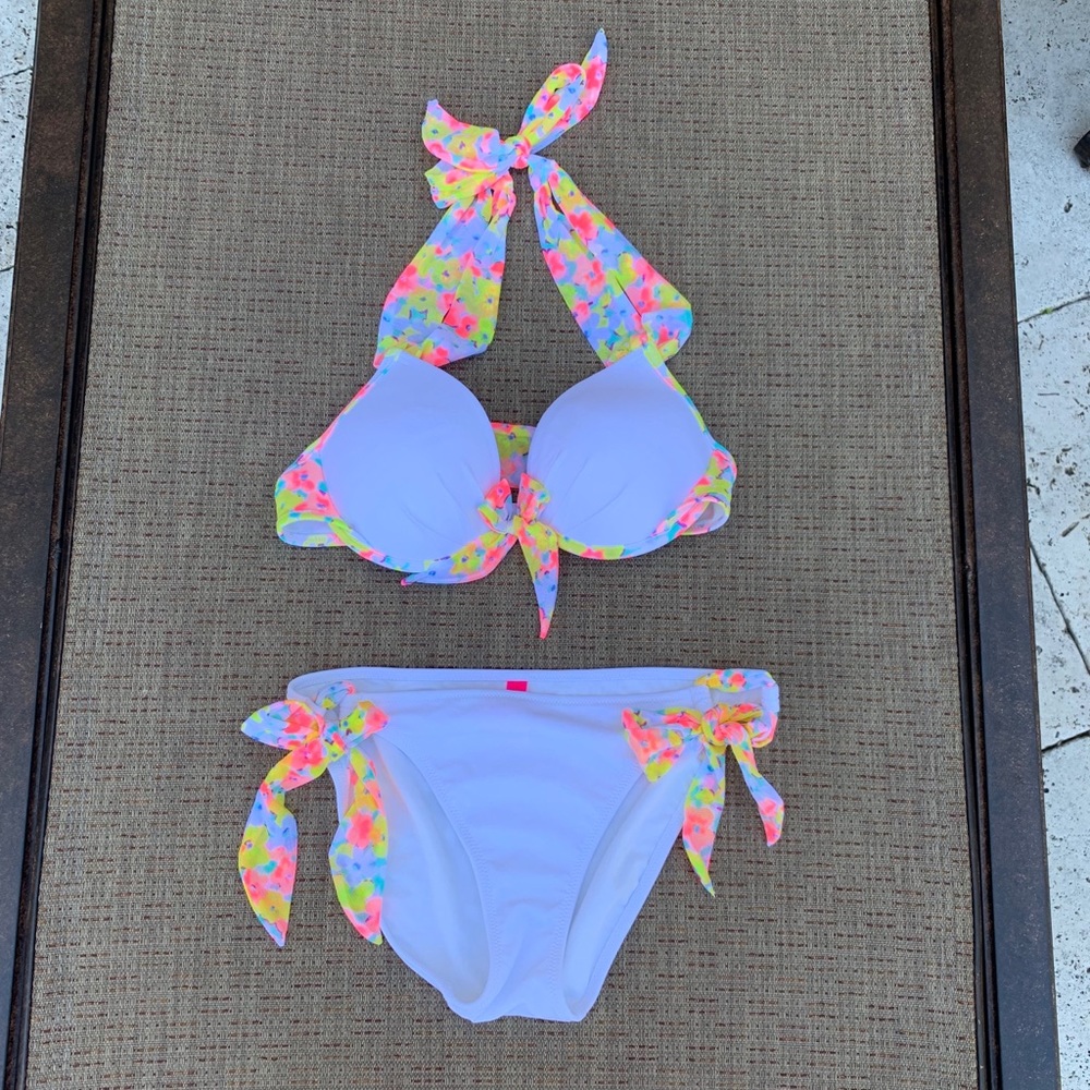 Victoria’s Secret white bikini colorful floral tie